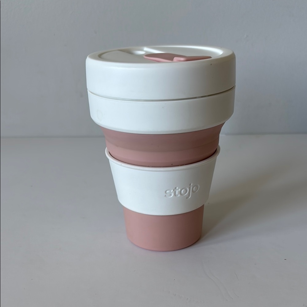 Stojo 12 oz Collapsible Travel Mug – Pink & White – Eco-Friendly Silicone Cup